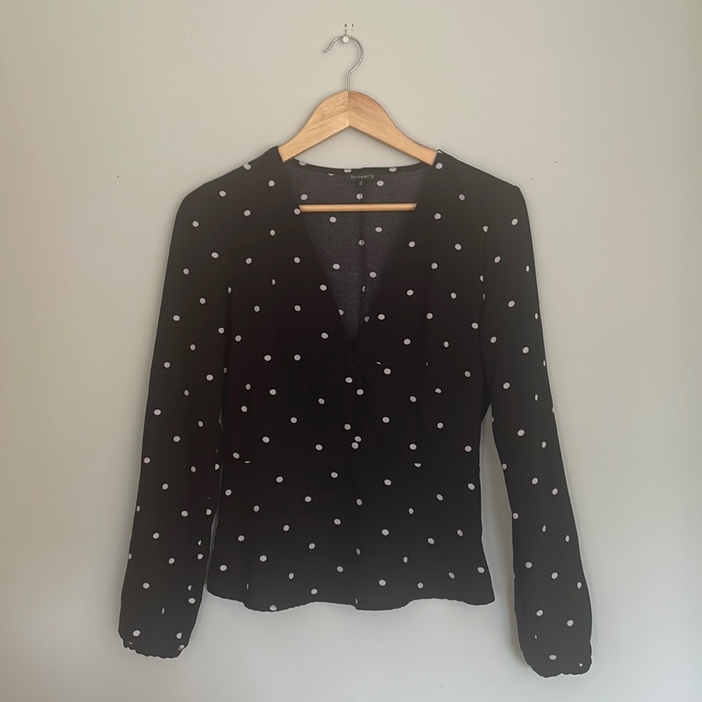 Dynamite Long Sleeve V Neck Polka Dot Top